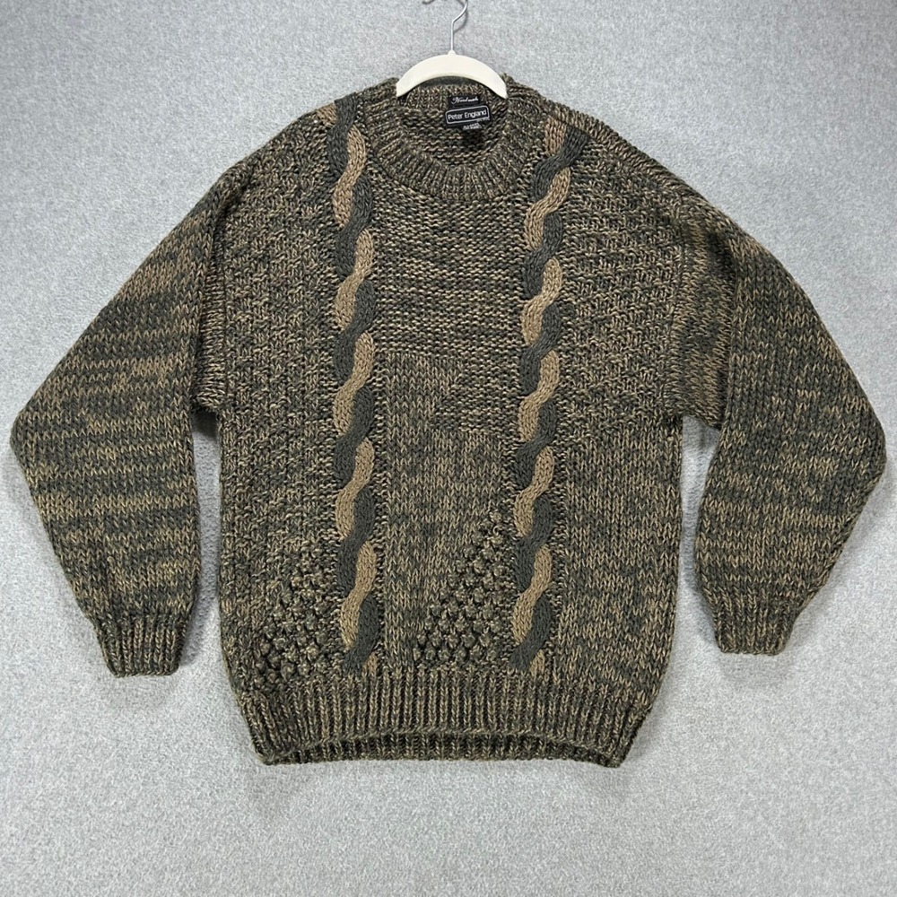 Peter England Sweater Crewneck Mens L Brown Cable Knit Cabin Core Vintage